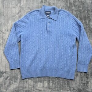 Davis & Squire Mens 100% 2 Ply Cashmere Cable Knit Polo Sweater Blue Large
